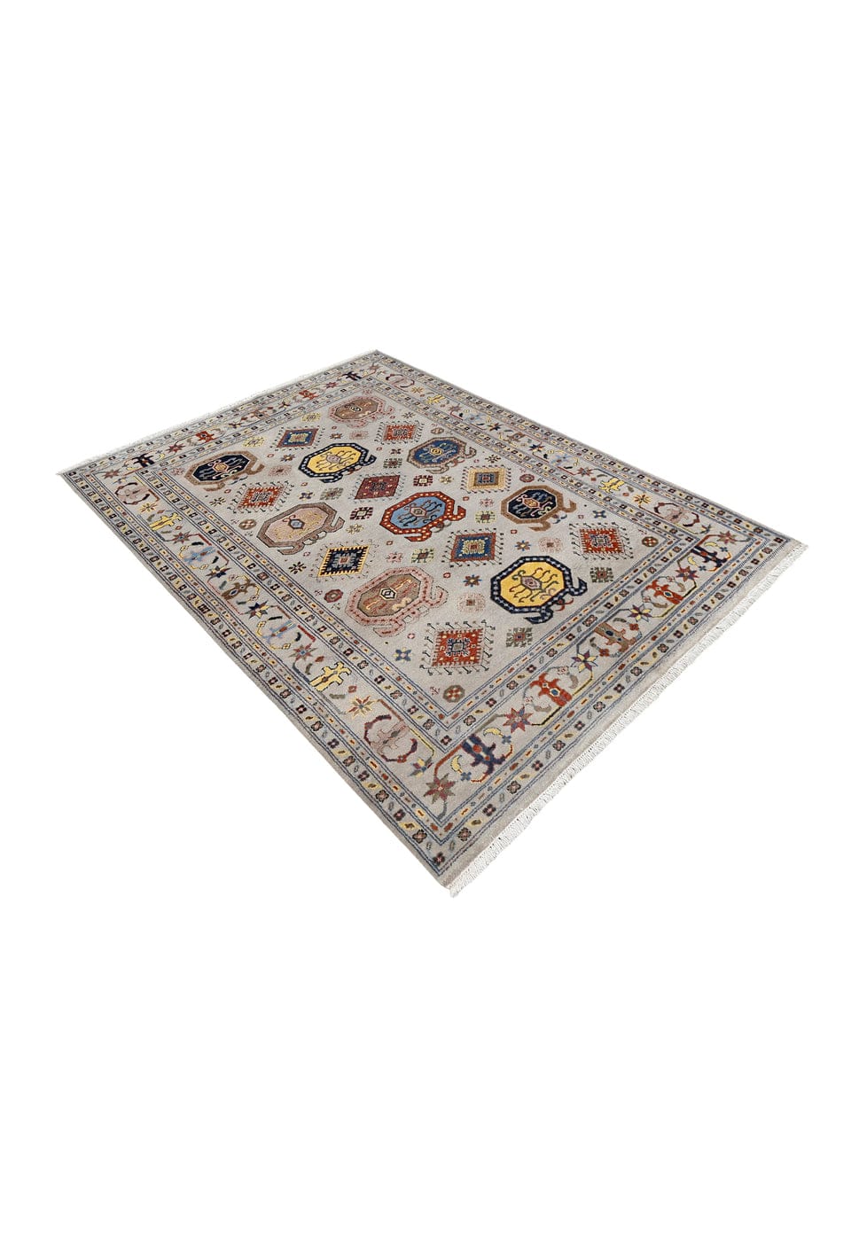 Ivory Multicolor Kazak Tribal Medallion Hand-Knotted Wool Rug