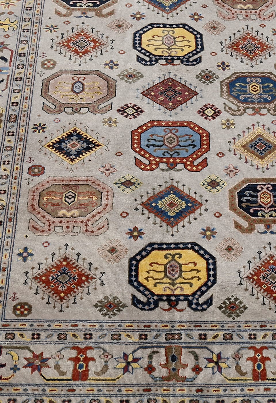 Ivory Multicolor Kazak Tribal Medallion Hand-Knotted Wool Rug
