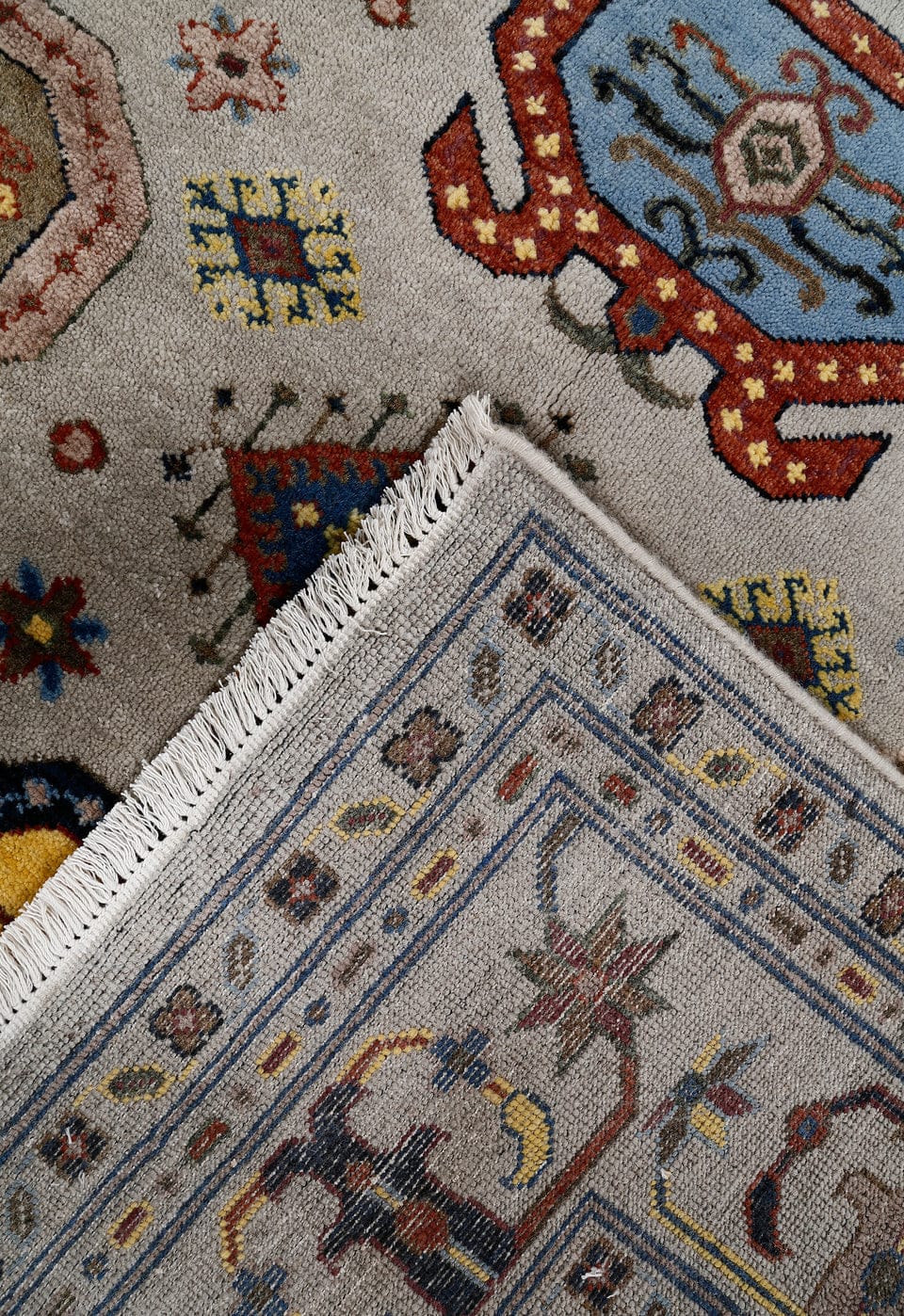 Ivory Multicolor Kazak Tribal Medallion Hand-Knotted Wool Rug