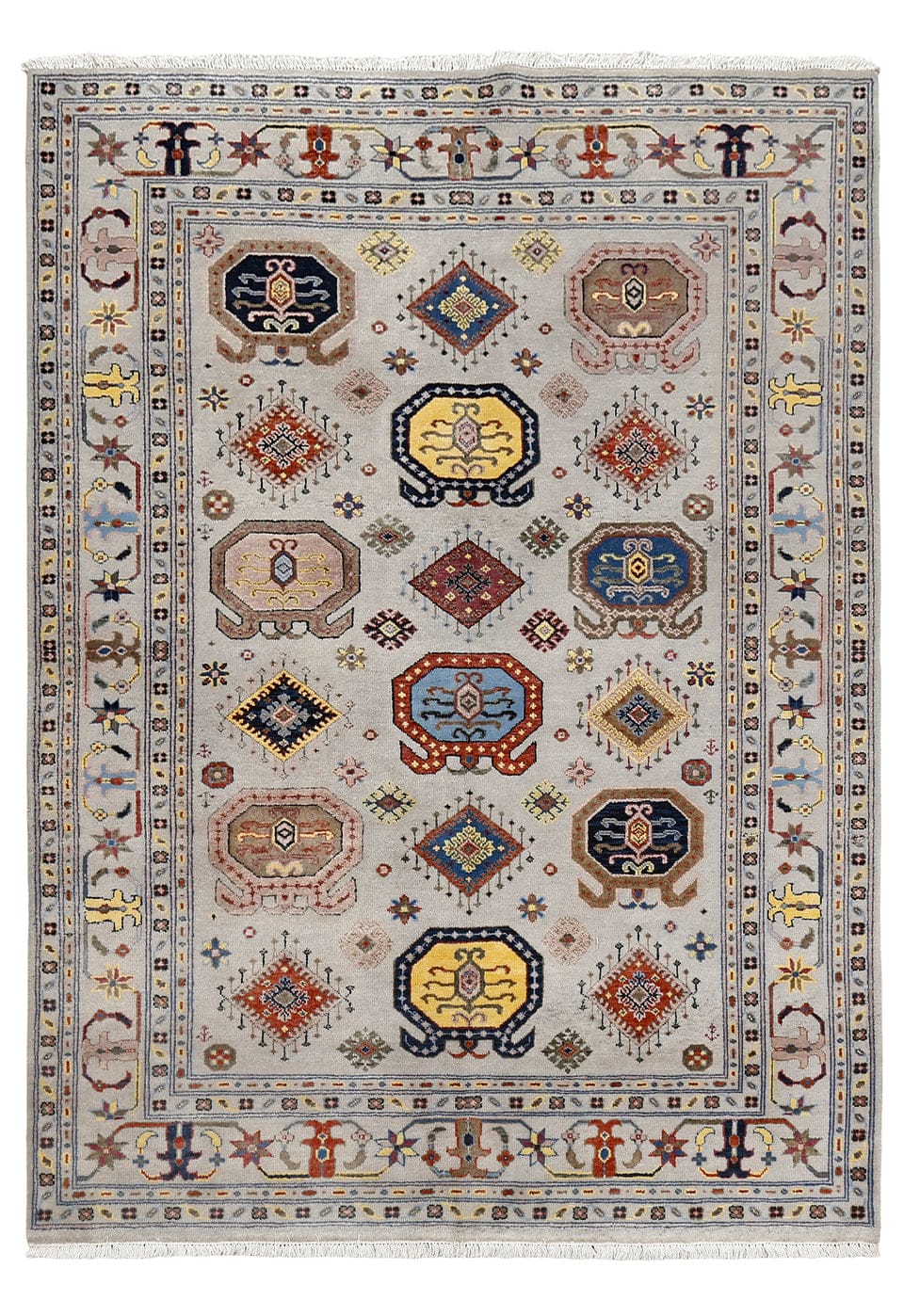 Ivory Multicolor Kazak Tribal Medallion Hand-Knotted Wool Rug