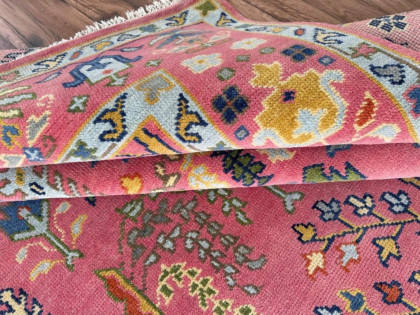 Pink Oushak Tree of Life Hand Knotted Wool Area Rug — Floral Persian Design