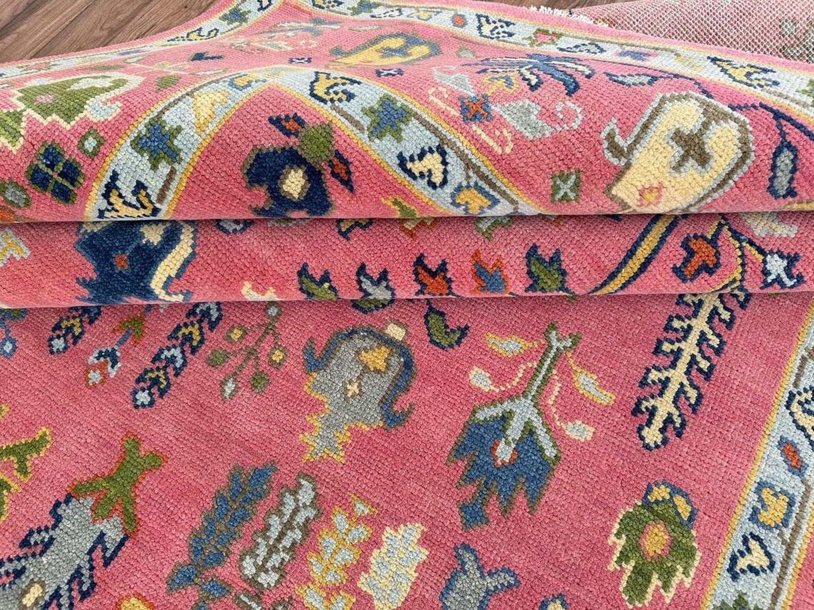 Pink Oushak Tree of Life Hand Knotted Wool Area Rug — Floral Persian Design