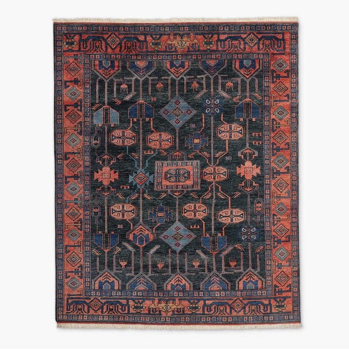 Antique Charcoal Navy Oushak Hand Knotted Wool Area Rug — Rust Terracotta Tribal Persian Design