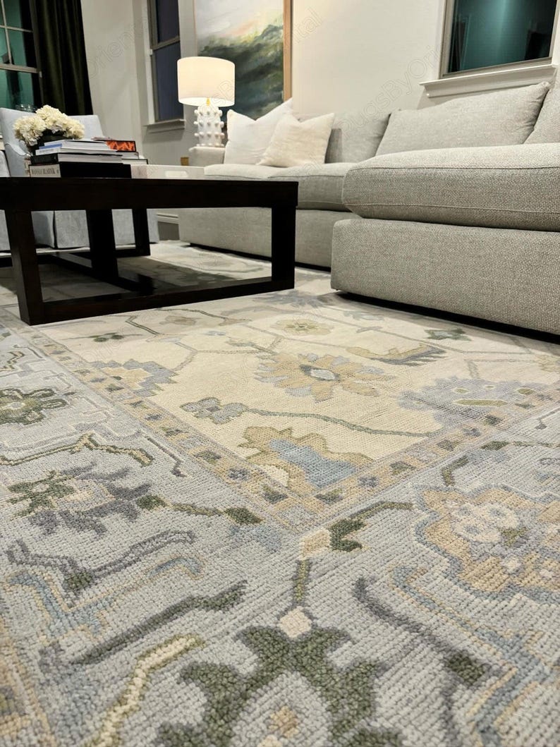 Vintage Ivory Sage Green Oushak Hand Knotted Wool Area Rug — Pastel Blue Floral Persian Design