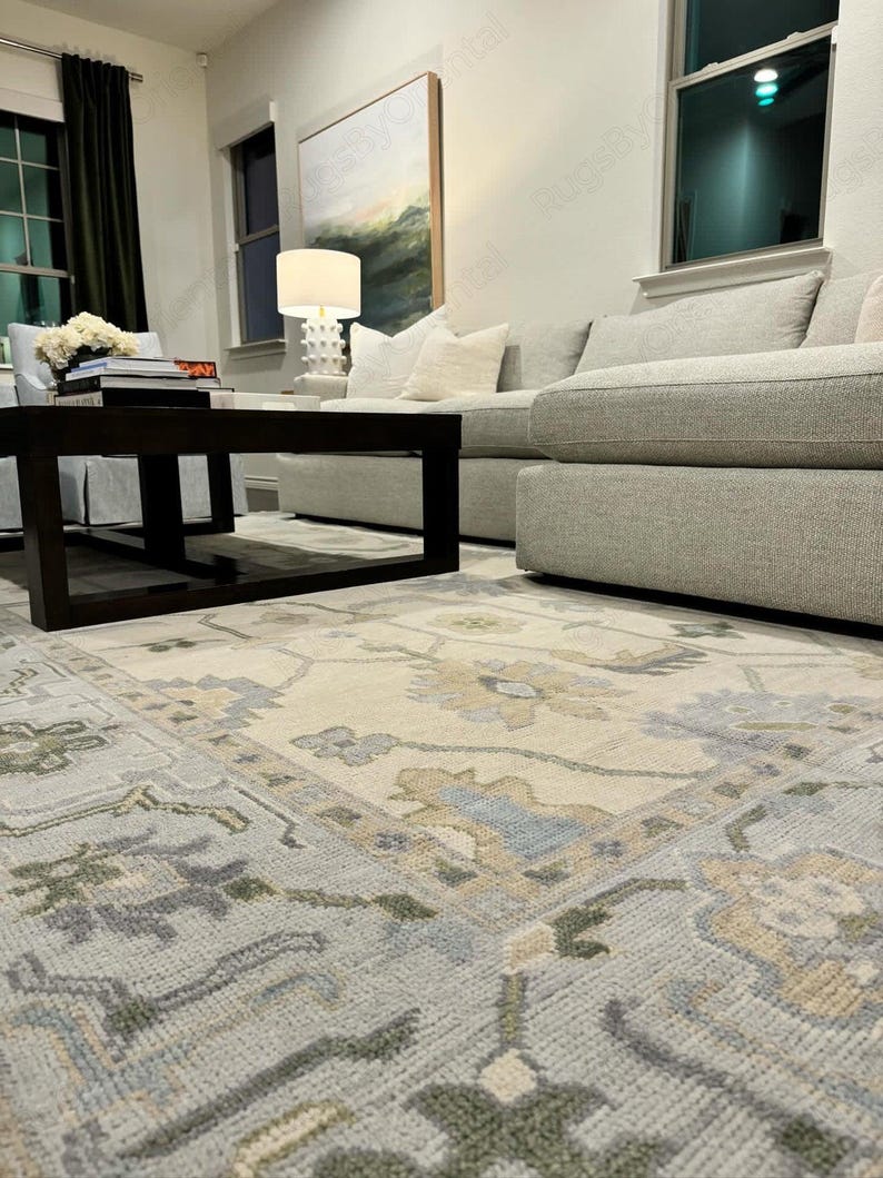 Vintage Ivory Sage Green Oushak Hand Knotted Wool Area Rug — Pastel Blue Floral Persian Design