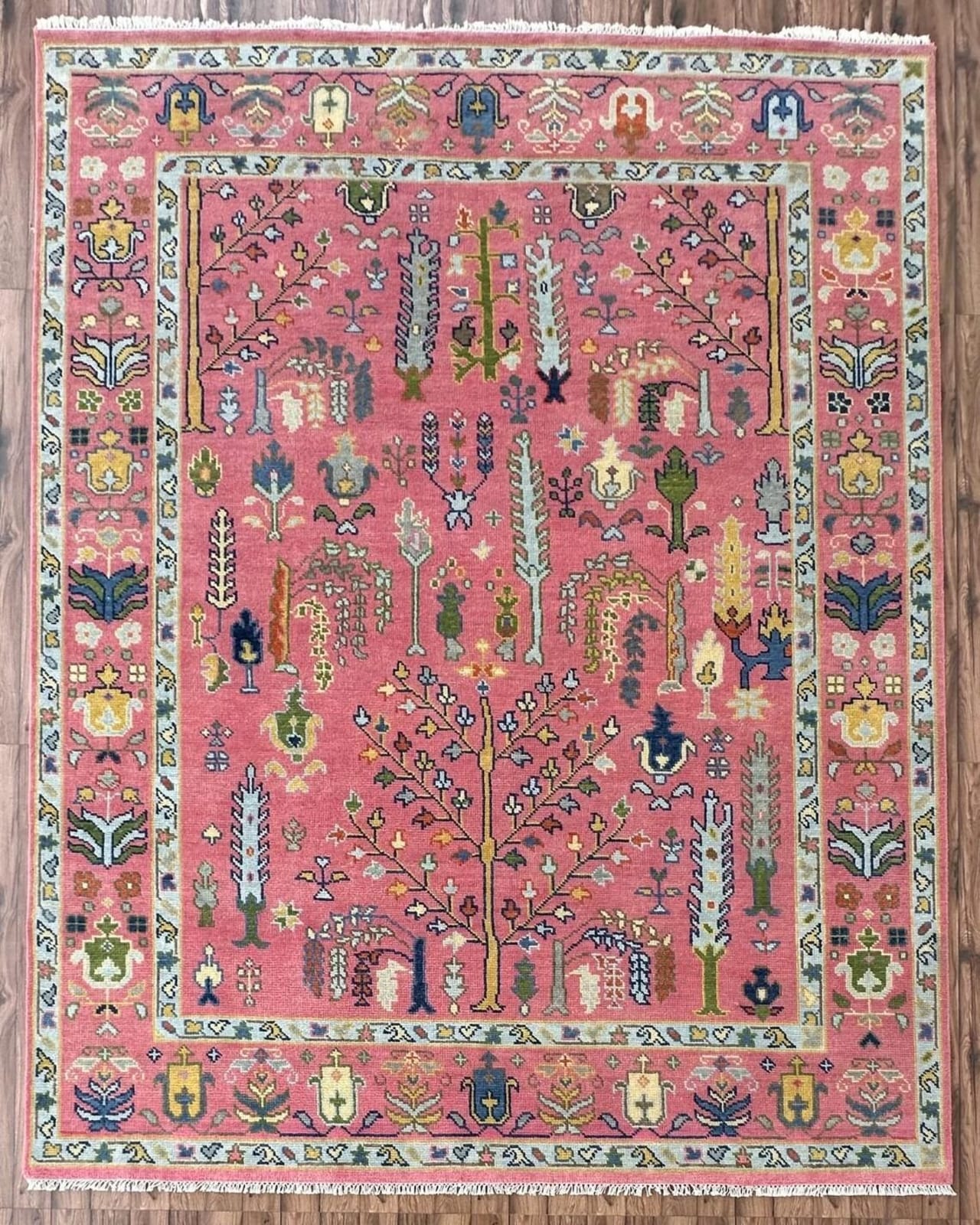 Pink Oushak Tree of Life Hand Knotted Wool Area Rug — Floral Persian Design