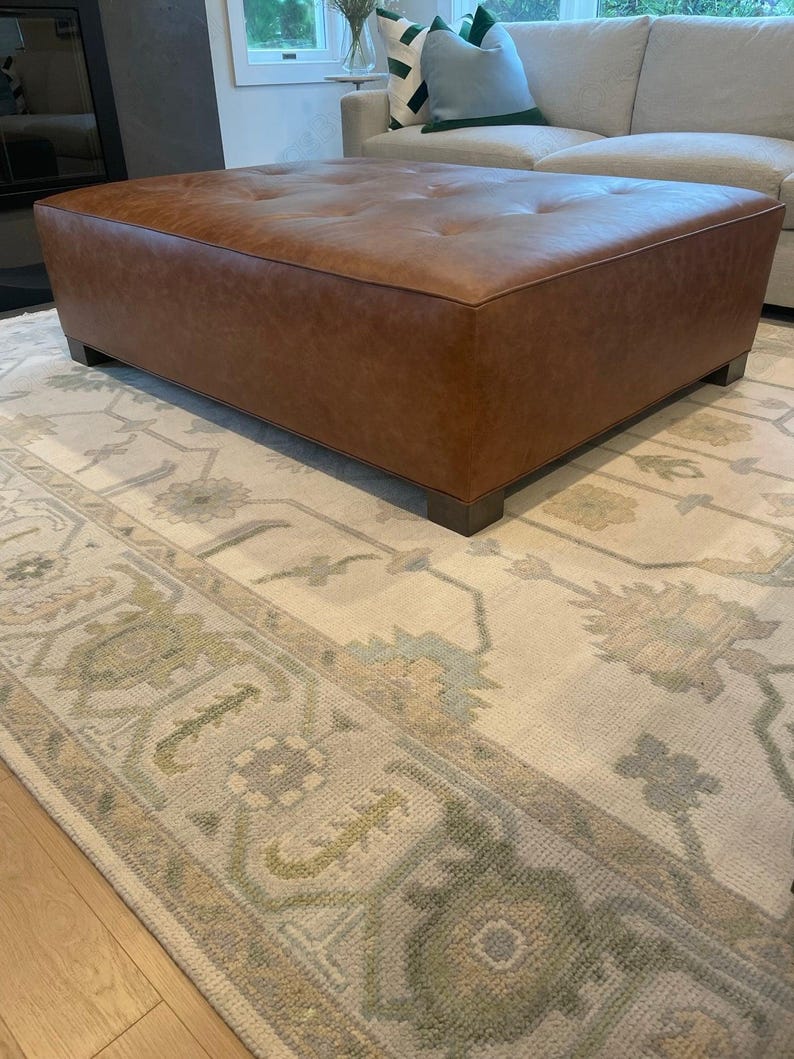 Vintage Ivory Sage Green Oushak Hand Knotted Wool Area Rug — Pastel Blue Floral Persian Design