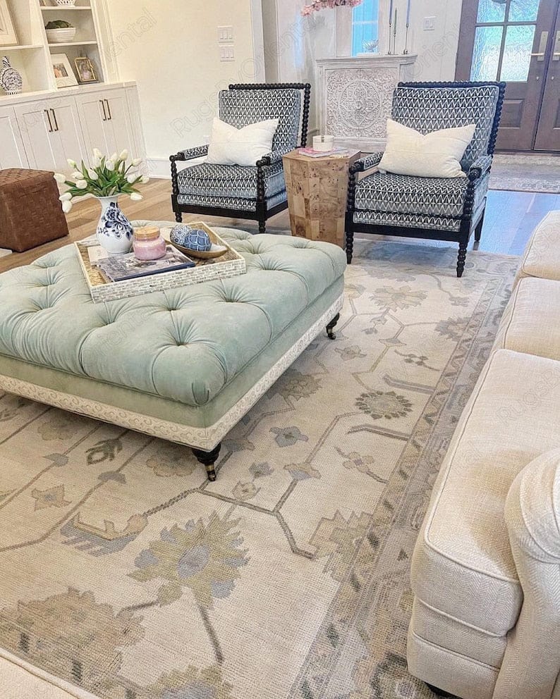 Vintage Ivory Sage Green Oushak Hand Knotted Wool Area Rug — Pastel Blue Floral Persian Design