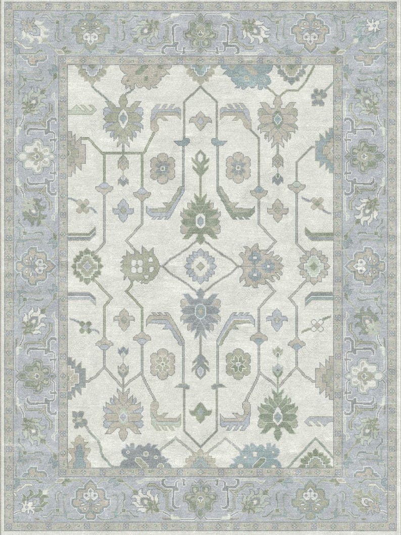 Vintage Ivory Sage Green Oushak Hand Knotted Wool Area Rug — Pastel Blue Floral Persian Design
