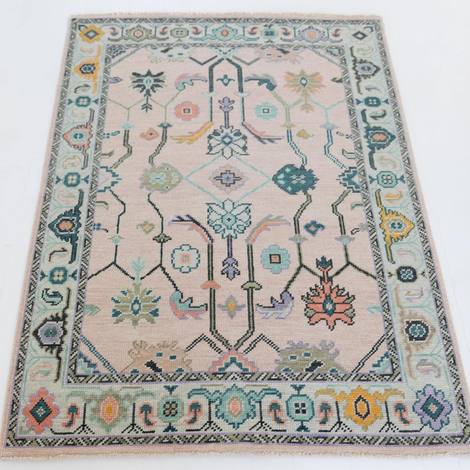 Vintage Blush Pink Oushak Hand Knotted Wool Area Rug — Pastel Sage Green Floral Persian Design