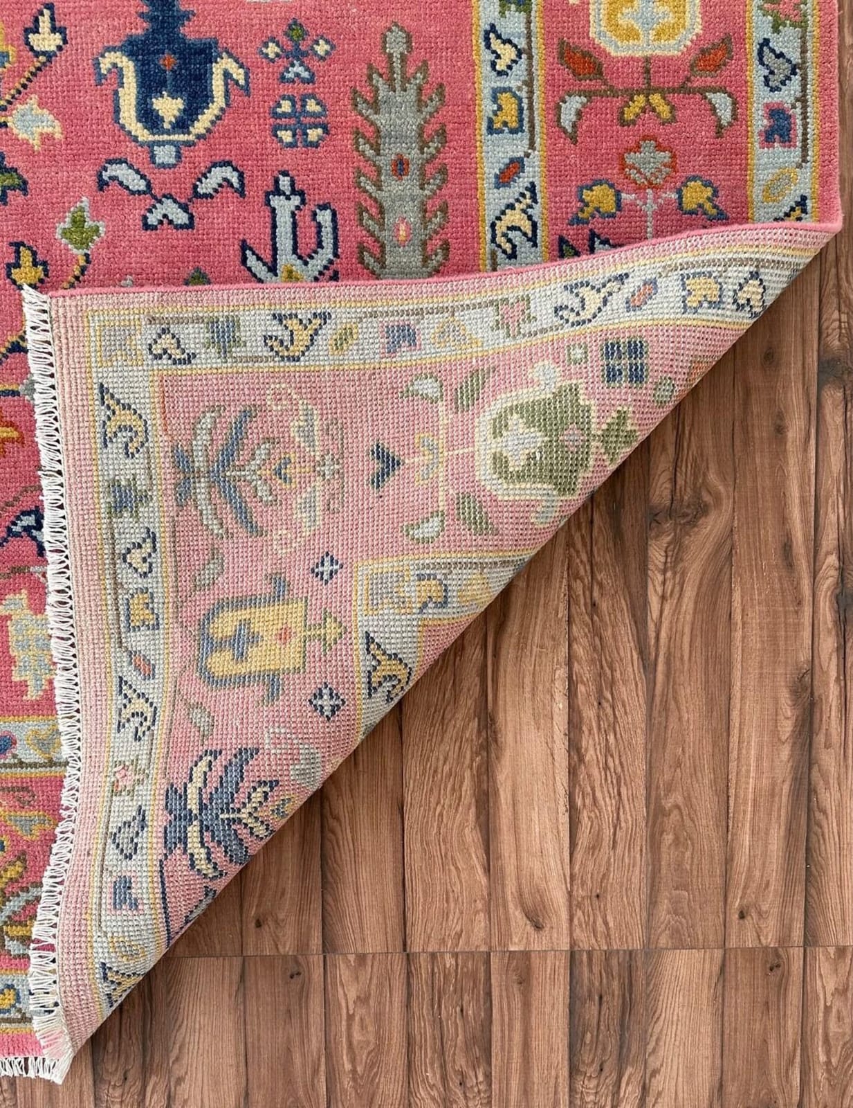 Pink Oushak Tree of Life Hand Knotted Wool Area Rug — Floral Persian Design