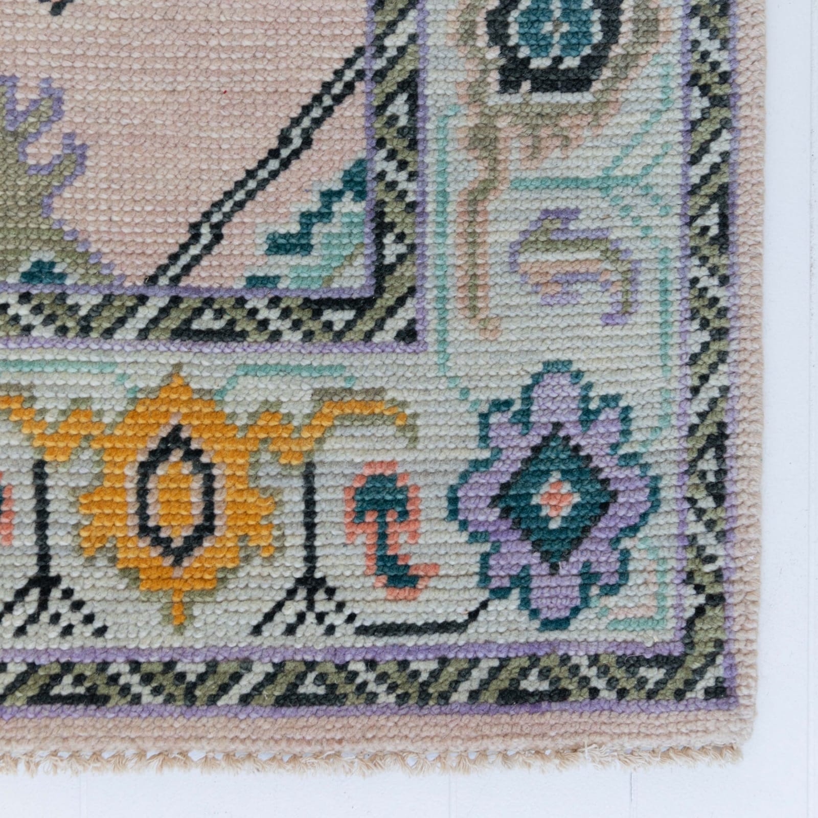 Vintage Blush Pink Oushak Hand Knotted Wool Area Rug — Pastel Sage Green Floral Persian Design