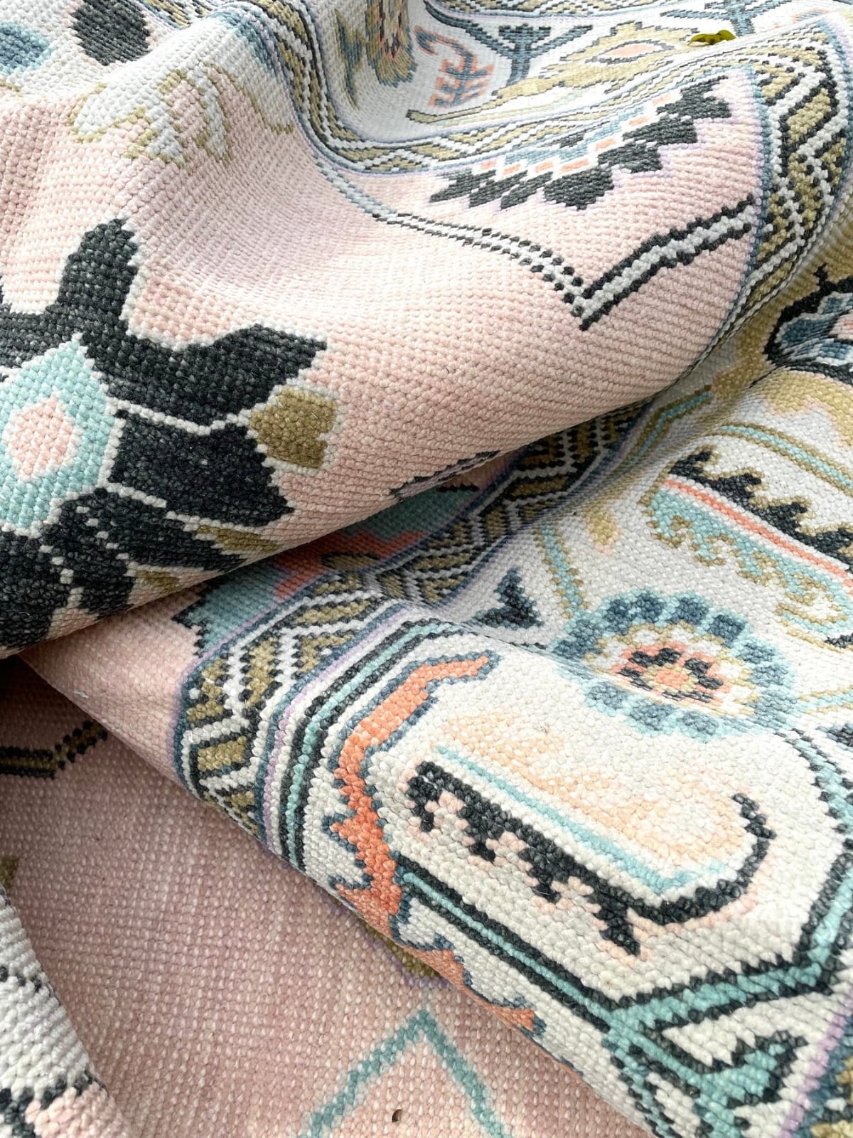Vintage Blush Pink Oushak Hand Knotted Wool Area Rug — Pastel Sage Green Floral Persian Design