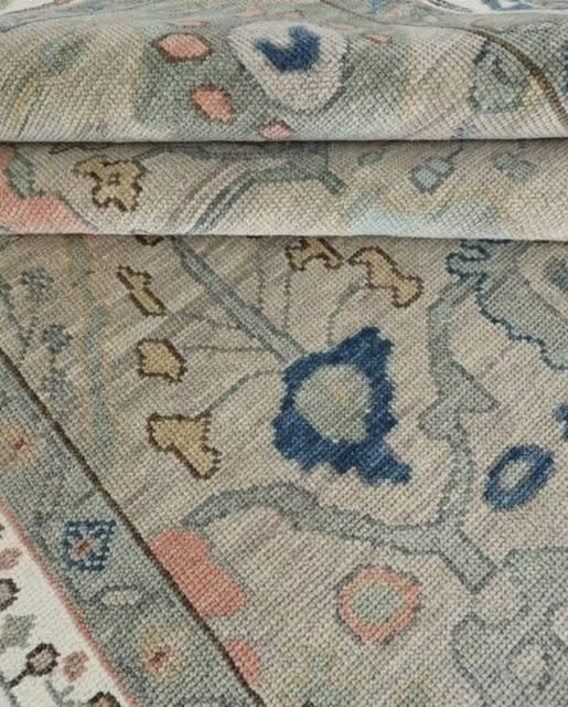 Muted Sage Green Geometric Oushak Hand Knotted Wool Rug - Indigo Blue Coral Pink Tribal Medallion Area Carpet