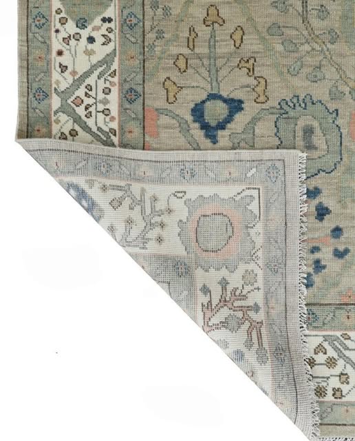 Muted Sage Green Geometric Oushak Hand Knotted Wool Rug - Indigo Blue Coral Pink Tribal Medallion Area Carpet