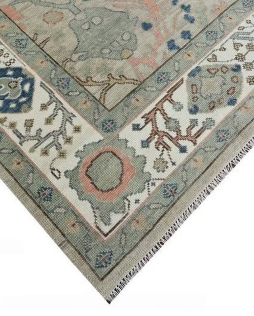 Muted Sage Green Geometric Oushak Hand Knotted Wool Rug - Indigo Blue Coral Pink Tribal Medallion Area Carpet