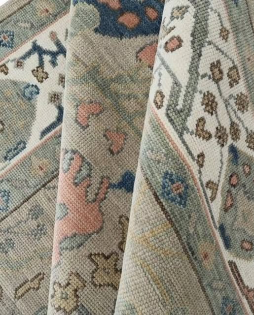 Muted Sage Green Geometric Oushak Hand Knotted Wool Rug - Indigo Blue Coral Pink Tribal Medallion Area Carpet