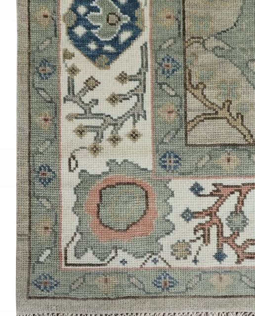 Muted Sage Green Geometric Oushak Hand Knotted Wool Rug - Indigo Blue Coral Pink Tribal Medallion Area Carpet