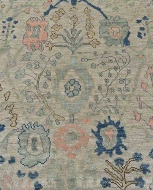 Muted Sage Green Geometric Oushak Hand Knotted Wool Rug - Indigo Blue Coral Pink Tribal Medallion Area Carpet