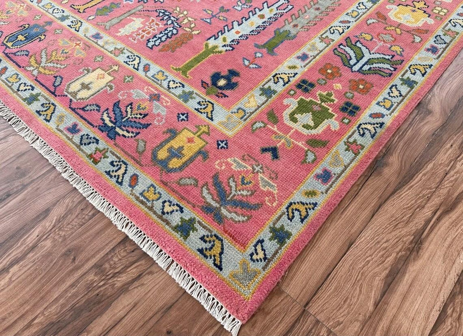 Pink Oushak Tree of Life Hand Knotted Wool Area Rug — Floral Persian Design