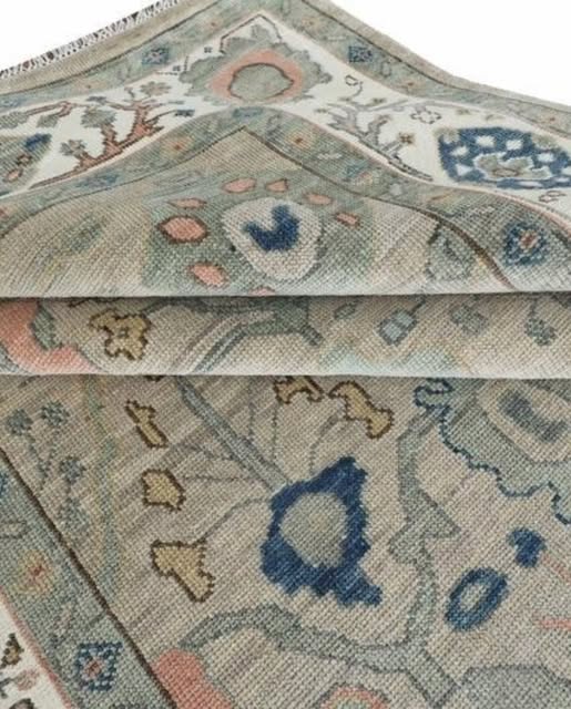 Muted Sage Green Geometric Oushak Hand Knotted Wool Rug - Indigo Blue Coral Pink Tribal Medallion Area Carpet
