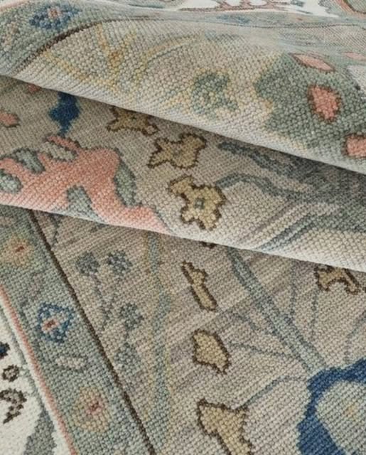 Muted Sage Green Geometric Oushak Hand Knotted Wool Rug - Indigo Blue Coral Pink Tribal Medallion Area Carpet
