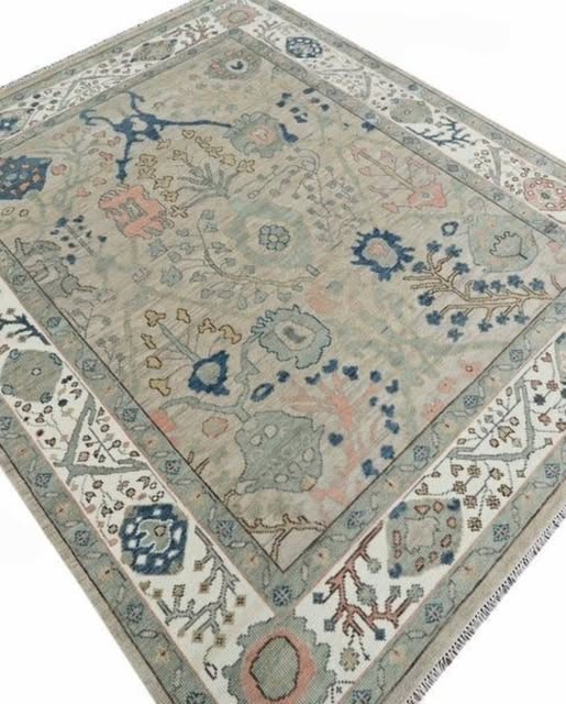 Muted Sage Green Geometric Oushak Hand Knotted Wool Rug - Indigo Blue Coral Pink Tribal Medallion Area Carpet