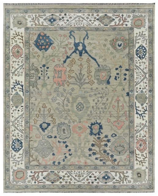 Muted Sage Green Geometric Oushak Hand Knotted Wool Rug - Indigo Blue Coral Pink Tribal Medallion Area Carpet