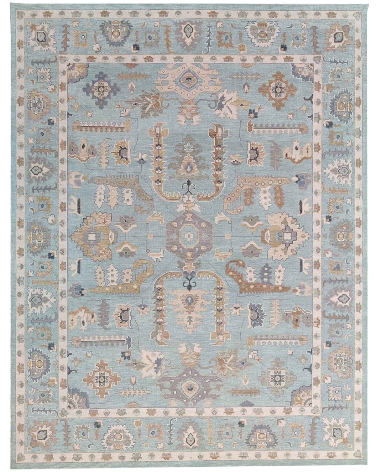 Aqua Blue Oushak Style Geometric Hand-Knotted Wool Rug