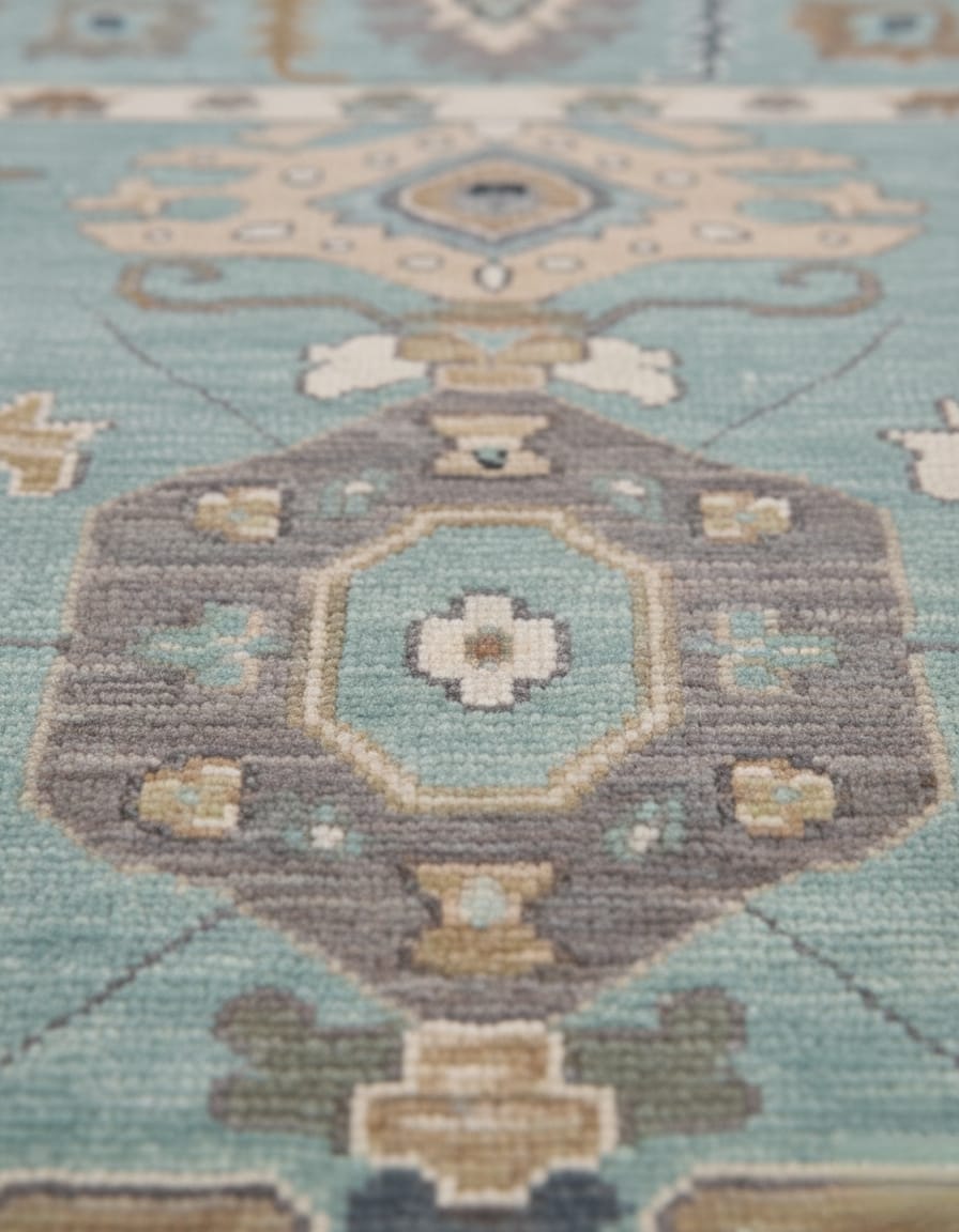 Aqua Blue Oushak Style Geometric Hand-Knotted Wool Rug
