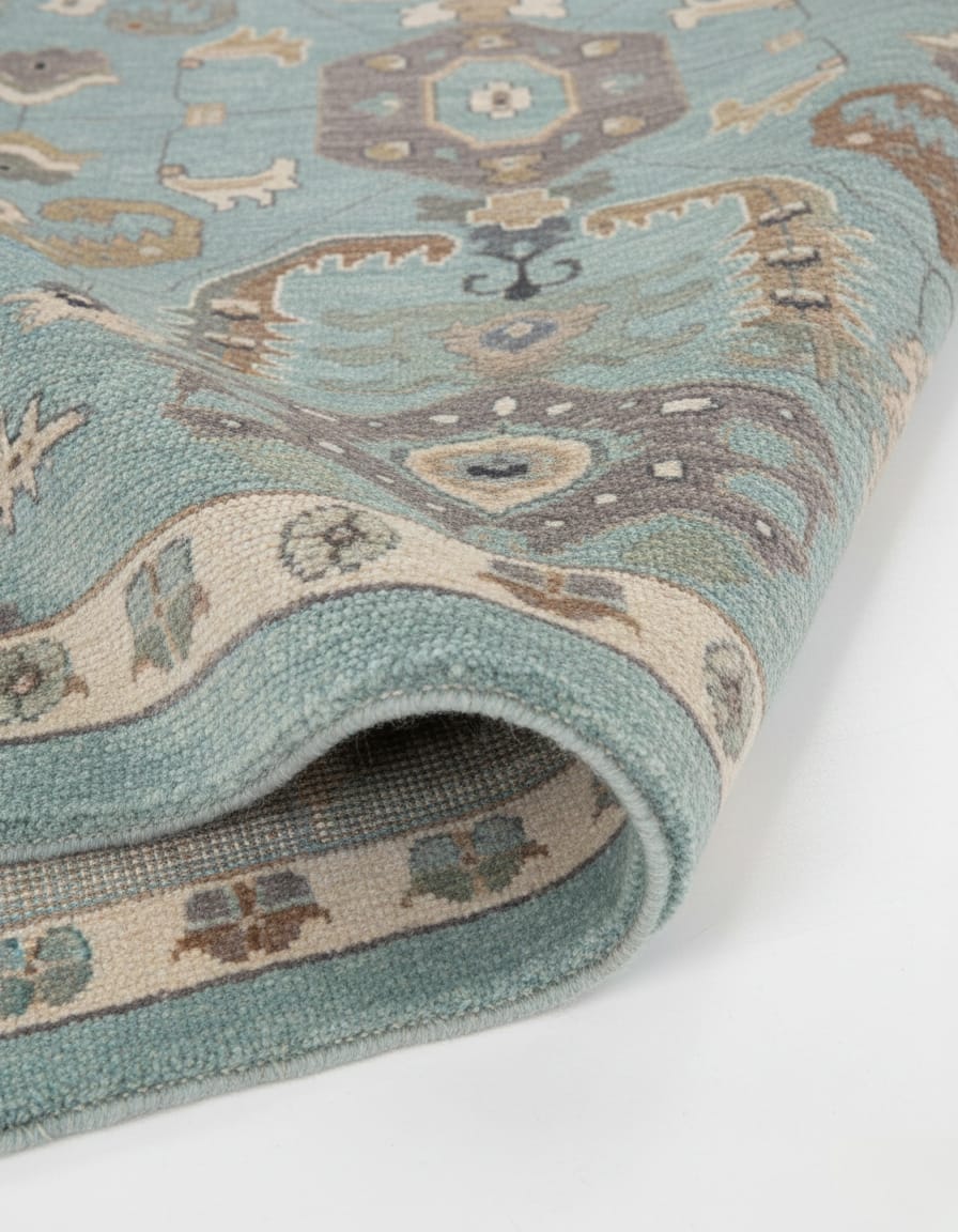 Aqua Blue Oushak Style Geometric Hand-Knotted Wool Rug