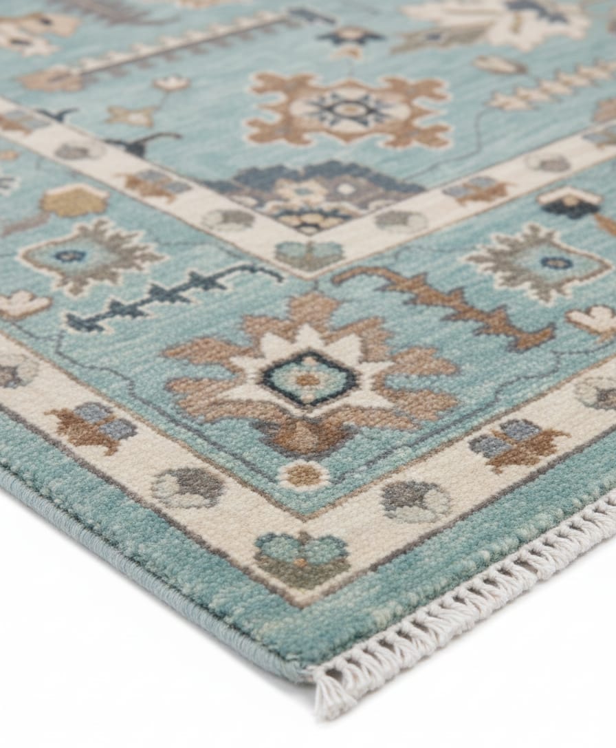 Aqua Blue Oushak Style Geometric Hand-Knotted Wool Rug