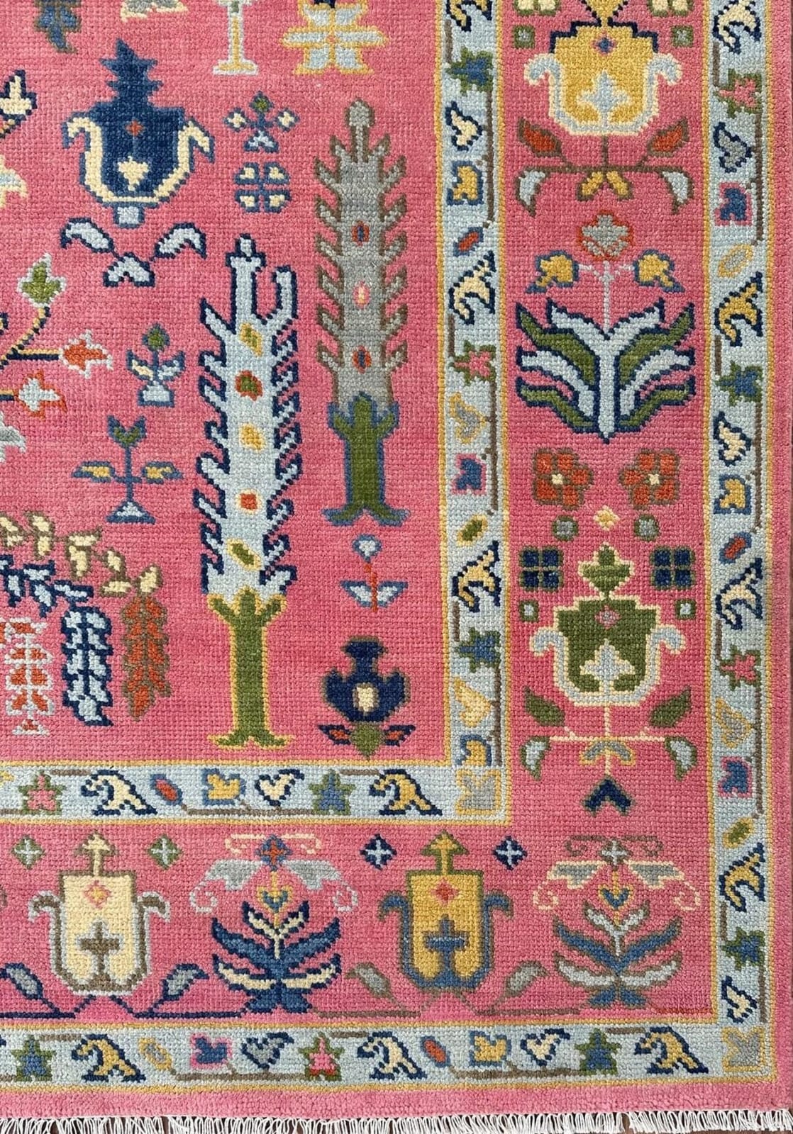 Pink Oushak Tree of Life Hand Knotted Wool Area Rug — Floral Persian Design