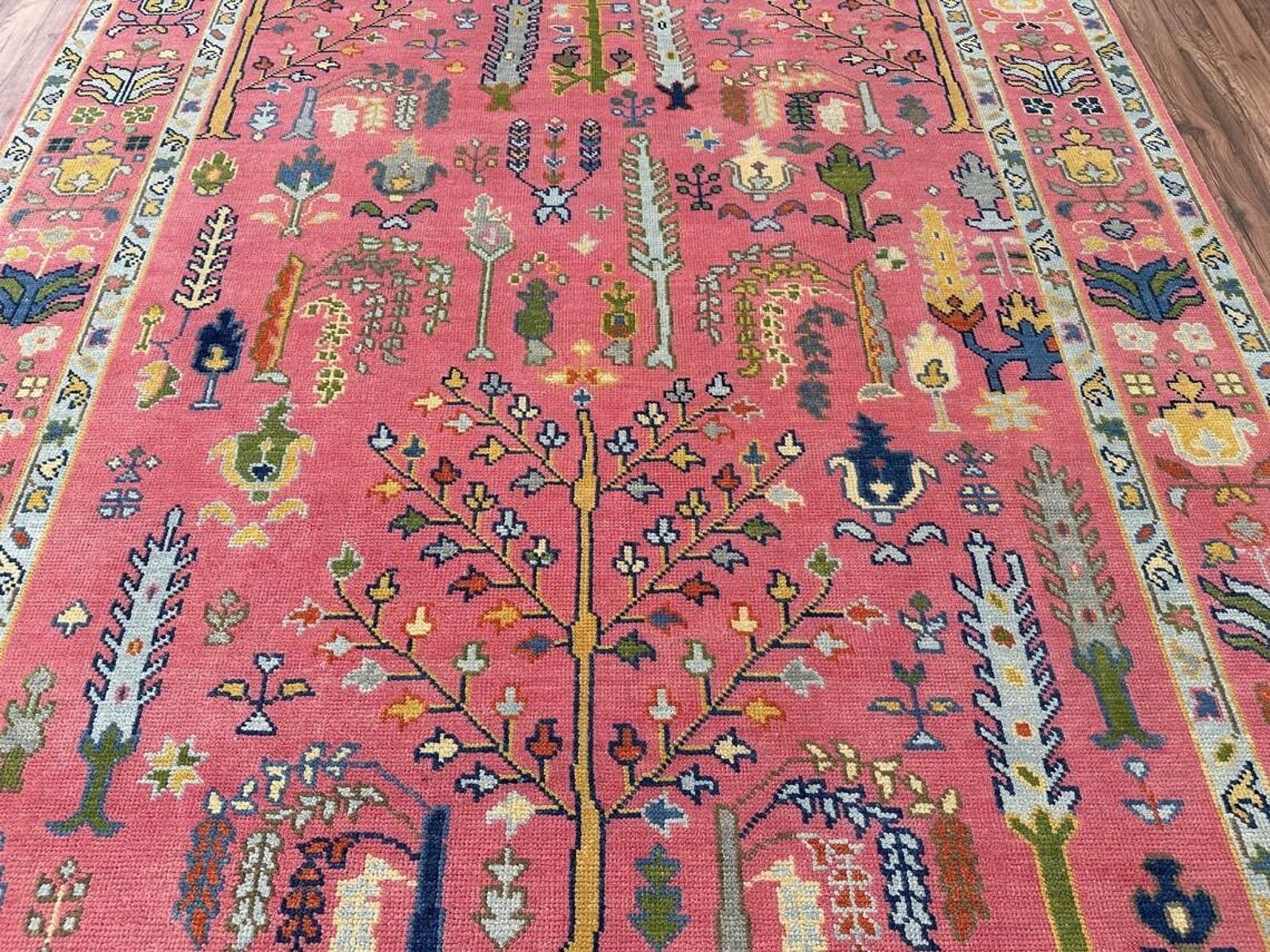 Pink Oushak Tree of Life Hand Knotted Wool Area Rug — Floral Persian Design
