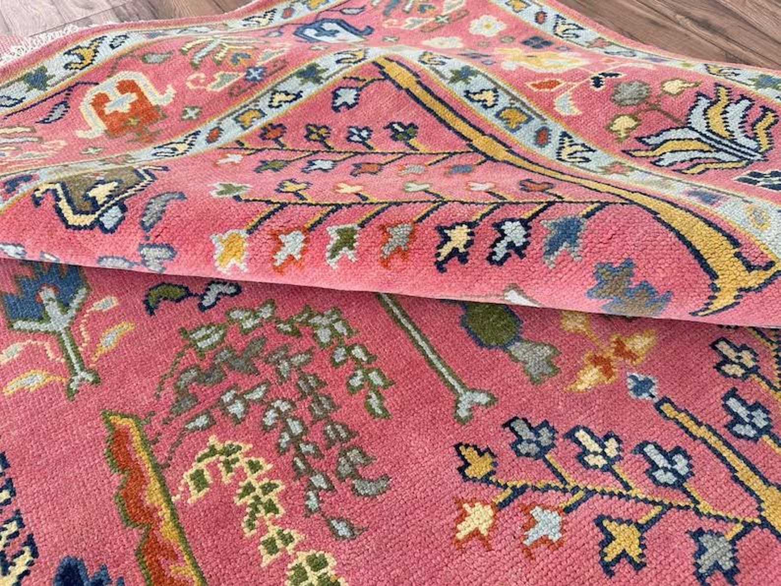 Pink Oushak Tree of Life Hand Knotted Wool Area Rug — Floral Persian Design