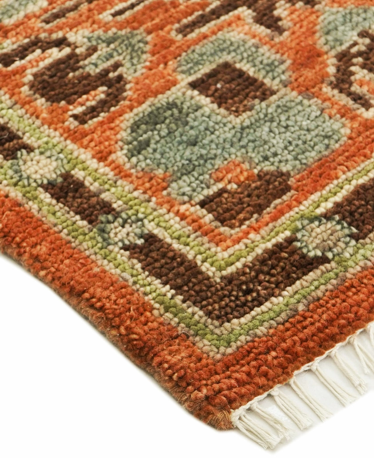 Rust Orange Oushak Rug – Hand-Knotted Wool, Sage Green Floral Medallion