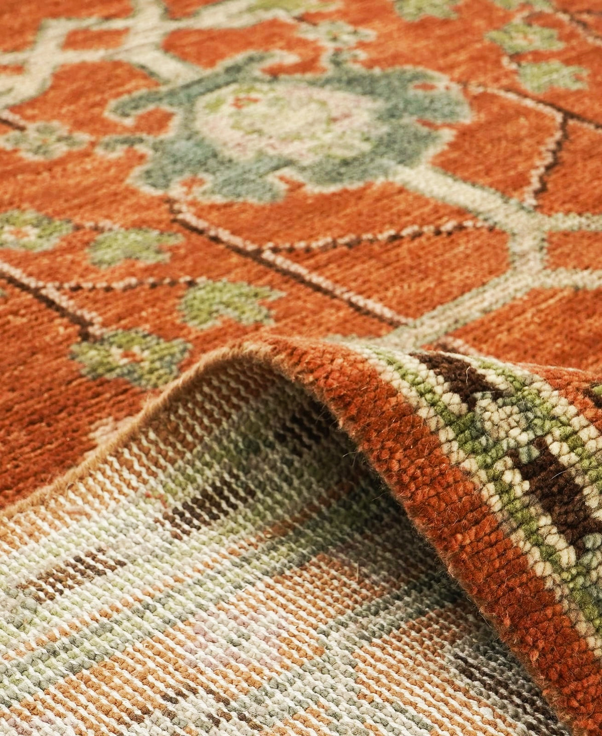 Rust Orange Oushak Rug – Hand-Knotted Wool, Sage Green Floral Medallion
