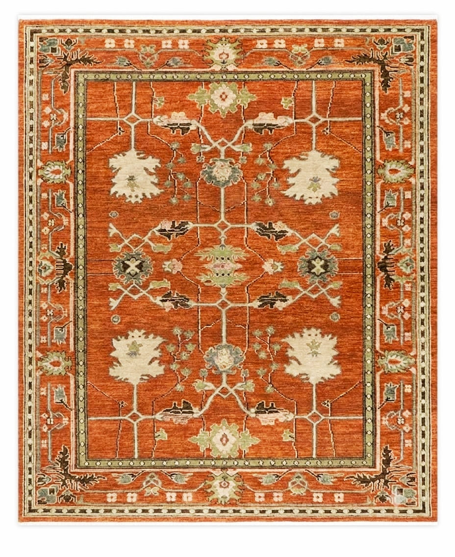 Rust Orange Oushak Rug – Hand-Knotted Wool, Sage Green Floral Medallion