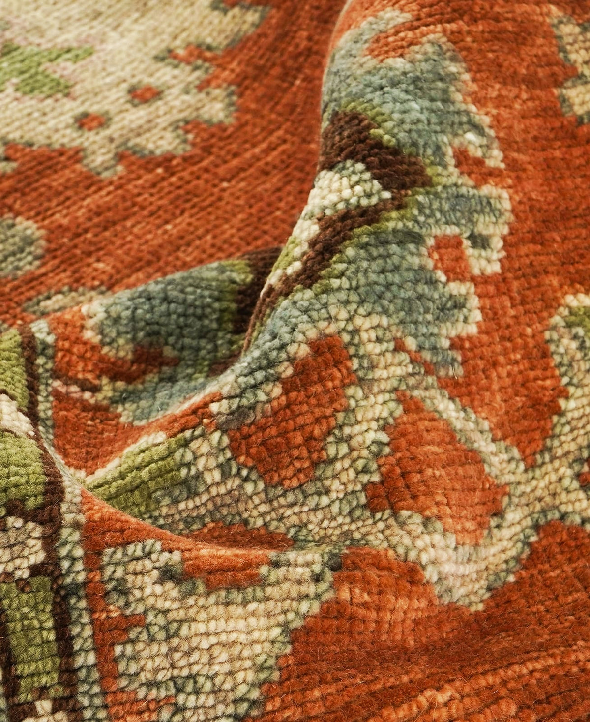 Rust Orange Oushak Rug – Hand-Knotted Wool, Sage Green Floral Medallion