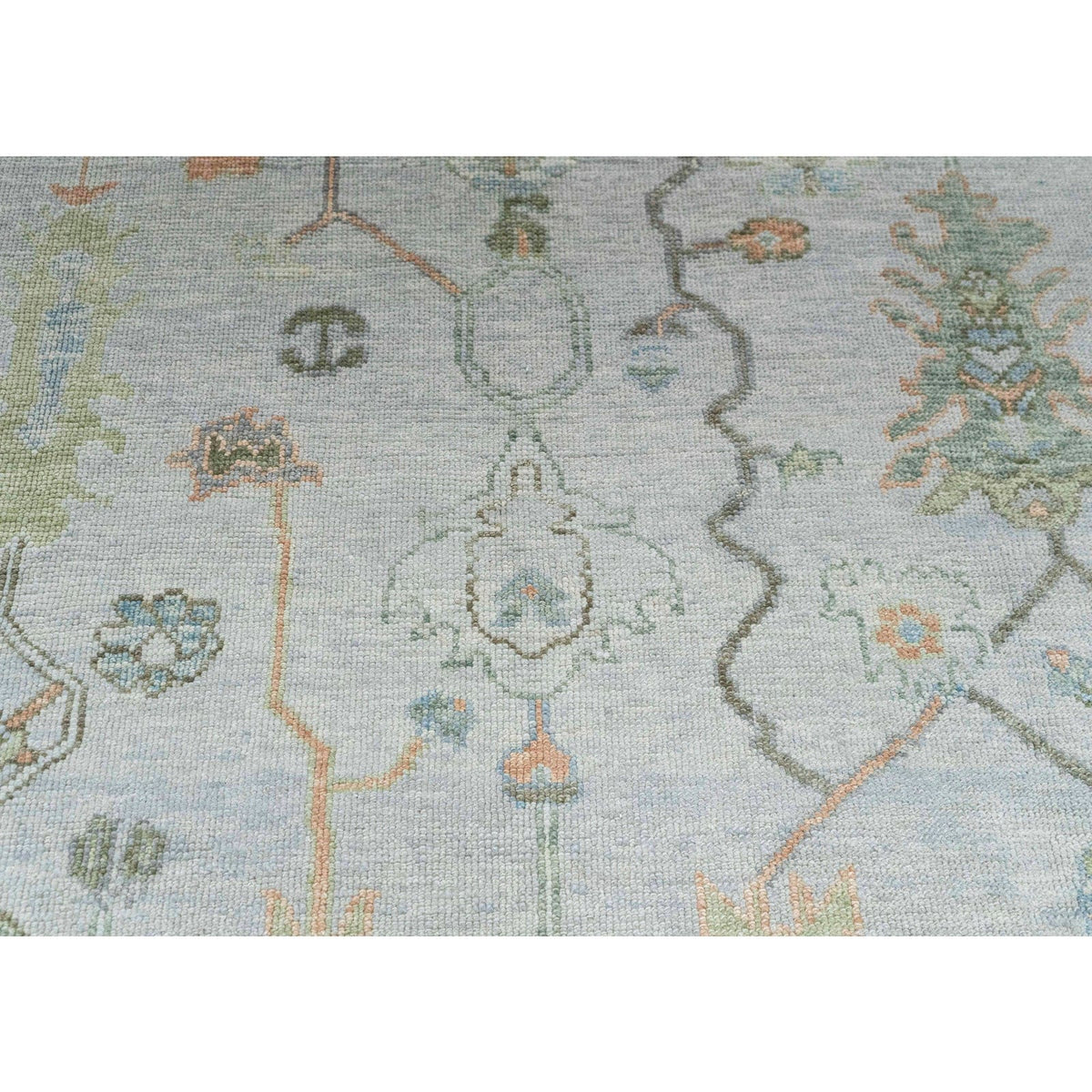 Modern Boho Tribal Geometric Motif Muted Gray and Silver Sage Wool Area Rug