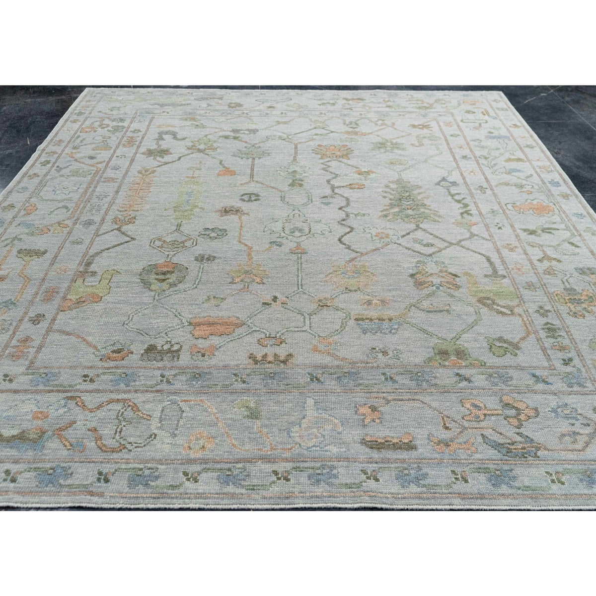 Modern Boho Tribal Geometric Motif Muted Gray and Silver Sage Wool Area Rug
