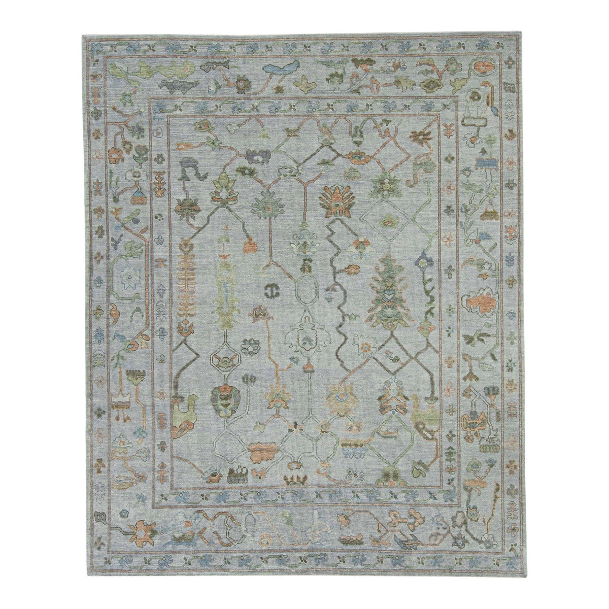 Modern Boho Tribal Geometric Motif Muted Gray and Silver Sage Wool Area Rug