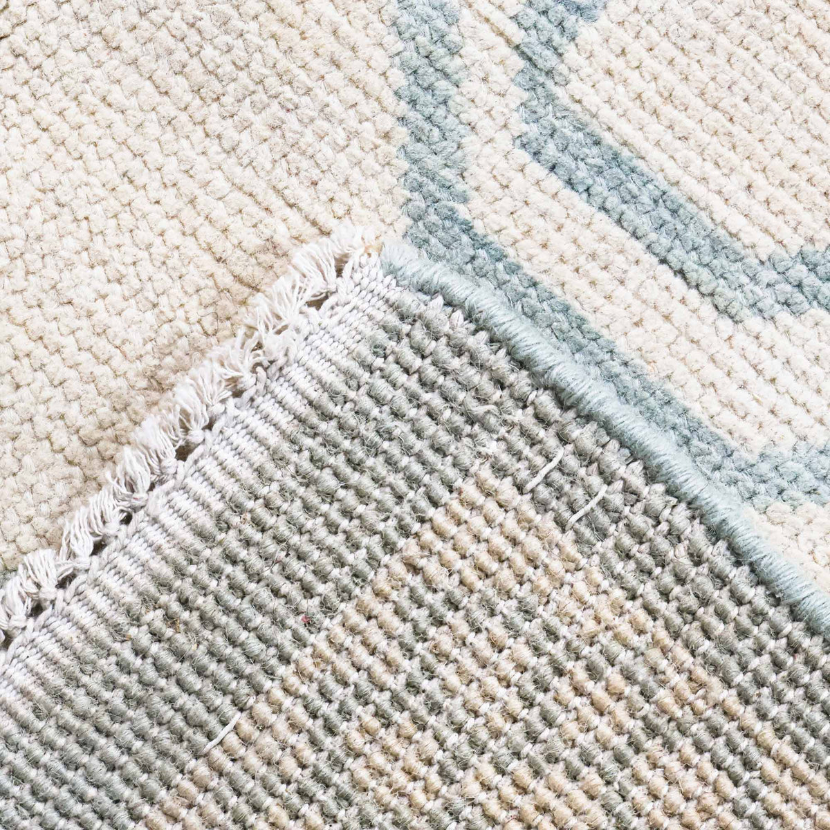 Classic Geometric Tribal Motif Ivory and Sage Green Hand-Knotted Wool Area Rug