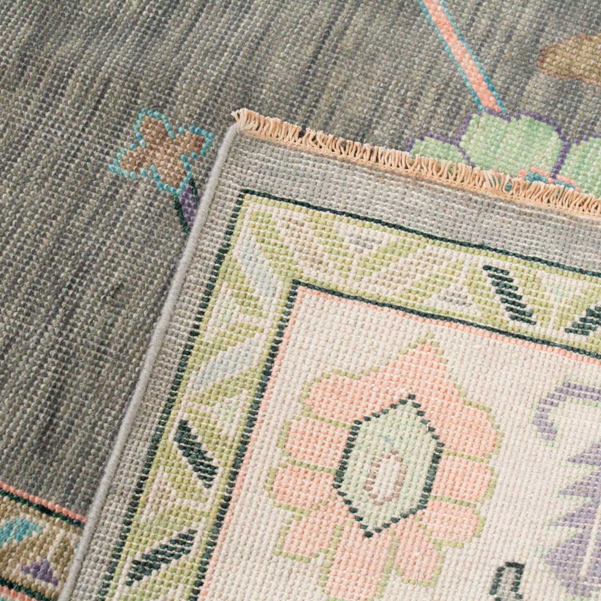Traditional Oushak Geometric Floral Grey and Ivory Wool Area Rug