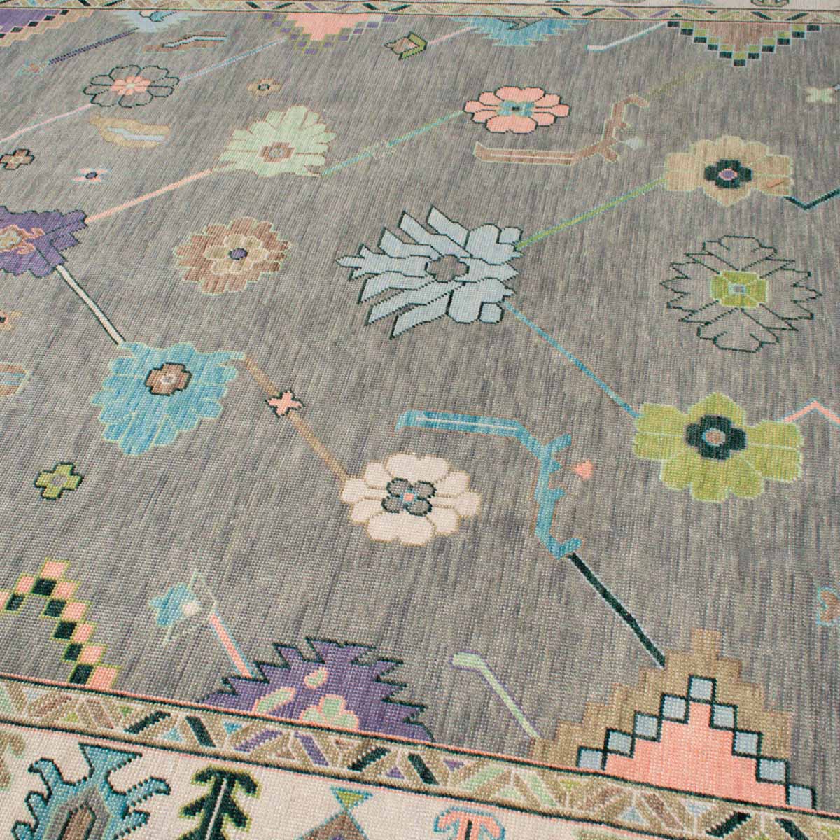 Traditional Oushak Geometric Floral Grey and Ivory Wool Area Rug