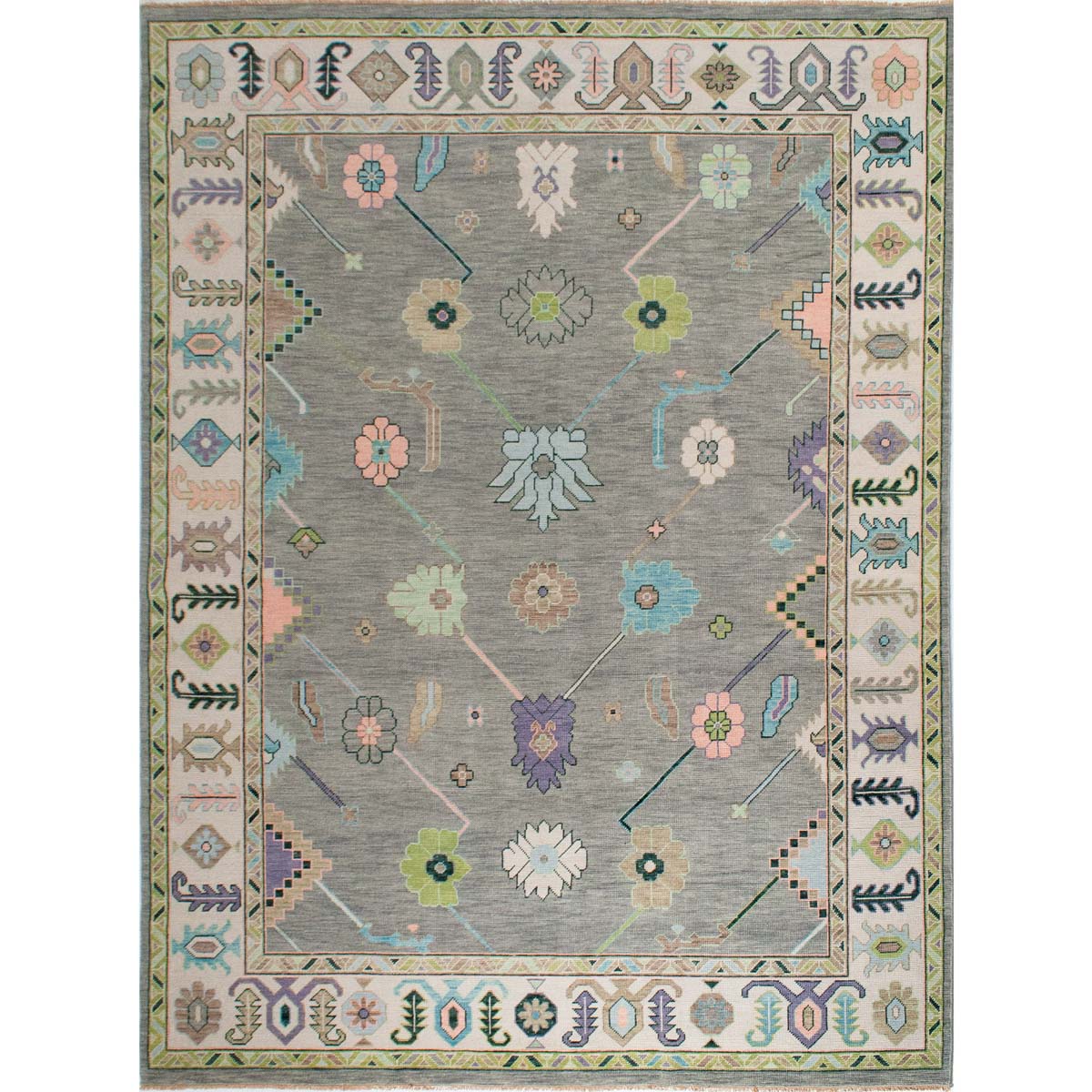 Traditional Oushak Geometric Floral Grey and Ivory Wool Area Rug