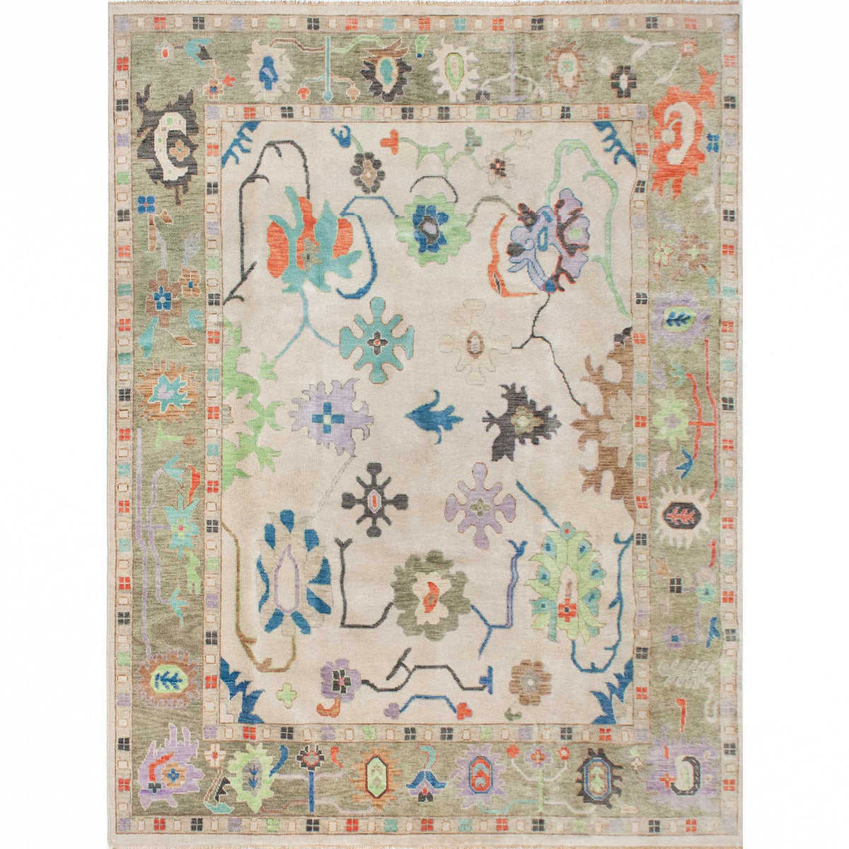 Modern Boho Tribal Geometric Motif Ivory and Muted Sage Green Wool Area Rug