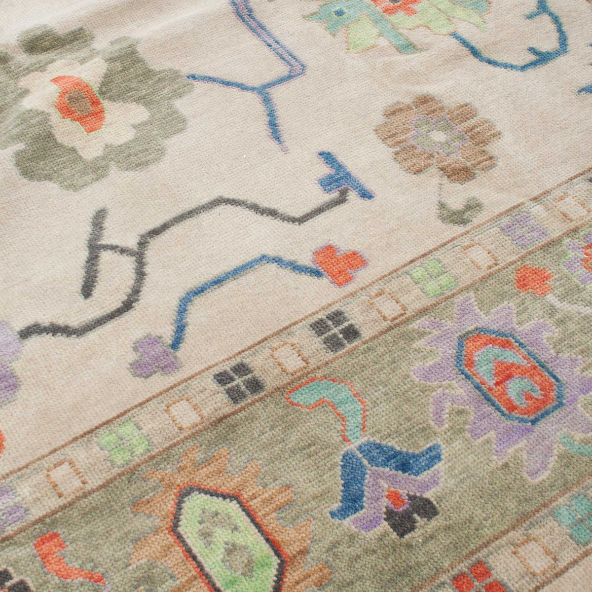 Modern Boho Tribal Geometric Motif Ivory and Muted Sage Green Wool Area Rug
