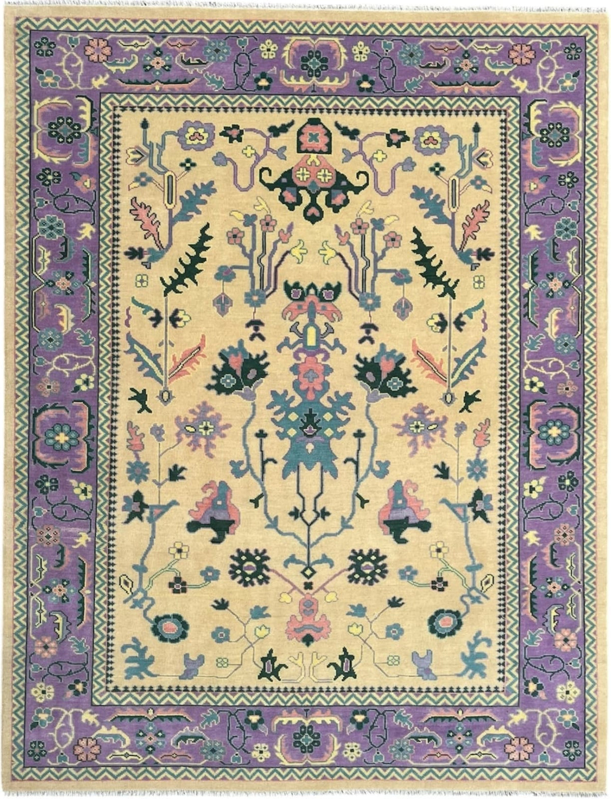 Modern Boho Tribal Geometric Motif Light Gold and Lavender Purple Wool Area Rug