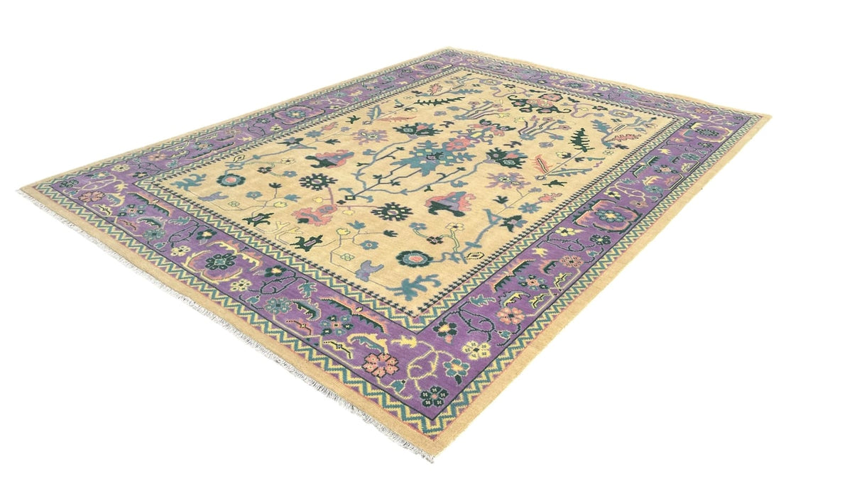Modern Boho Tribal Geometric Motif Light Gold and Lavender Purple Wool Area Rug